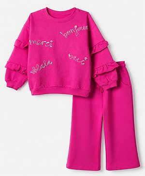 Babyhug 100% Cotton Terry Knit Full Sleeves Top and Leggings Set with Text Embroidery - Fuchsia