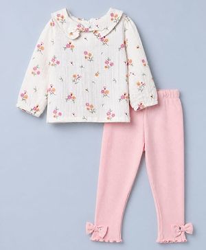 Babyhug Cotton Terry Knit Full Sleeves Top and Leggings with Full Length and Floral Print in Cream