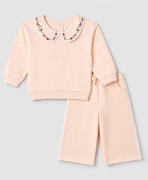 Babyhug 100% Cotton Terry Knit Full Sleeves Collared Top and Palazzo with Floral Embroidery - Peach