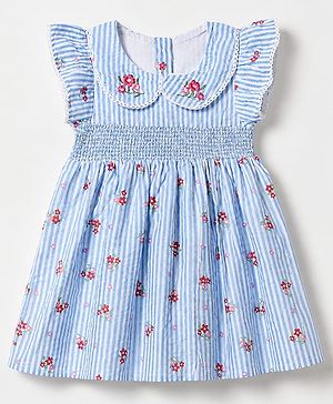 Babyhug Woven Half Sleeves One Piece Striped Dress With Floral Print - Blue