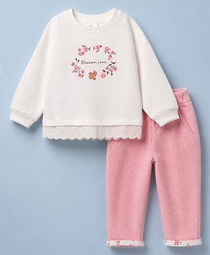Babyhug 100% Cotton Terry Knit Full Sleeves Top and Pant with Blossom Love Text & Flowers with Bird Print - Cream & Pink