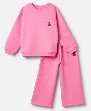 Babyhug 100% Cotton Terry Knit Full Sleeves Top and Pant with Heart Patch and Bear Embroidery - Fuchsia