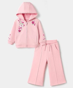 Babyhug 100% Cotton Terry Knit Full Sleeves Hooded Top & Pant Set With Floral Embroidery - Pink