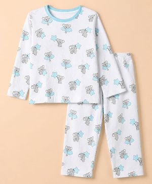 Babyhug Cotton Knit Full Sleeves Rib Fabric Co-ord T-Shirt & Pajama Night Suit with Koala Print - Blue