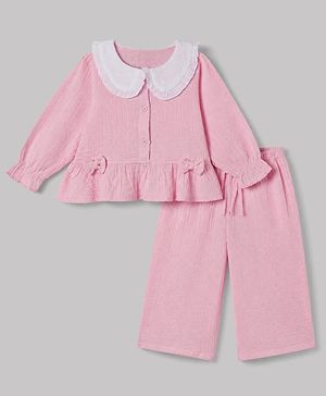 Babyhug 100% Cotton Terry Knit Full Sleeves Top and Palazzo with Bow Applique in Pink