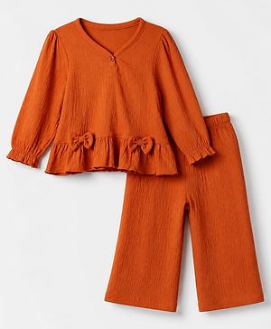 Babyhug 100% Cotton Terry Knit Full Sleeves Top and Pant Set with Full Length and Bow Applique in Brown