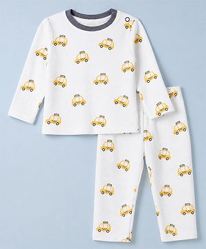 Babyhug Cotton Knit Rib Fabric Full Sleeves Co-ord T-Shirt & Pajama Night Suit with Vehicle Print - Yellow