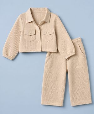 Babyhug 100% Cotton Terry Knit Full Sleeves Top and Pant Set -Cream
