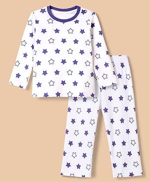 Babyhug Cotton Knit Rib Fabric Full Sleeves Pyjama Co-Ords Set With Star Print - White