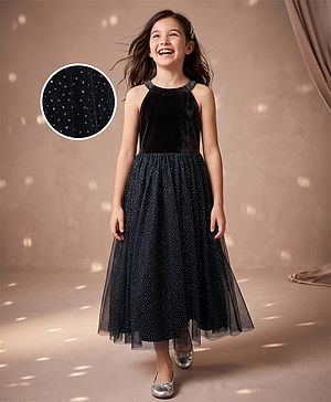 Pine Kids Mesh Woven Sleeveless Party Dress With Glitter Print - Black