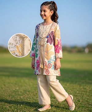 Pine Kids Woven Full Sleeves Indo Western Set With Floral Embroidery & Print - Beige