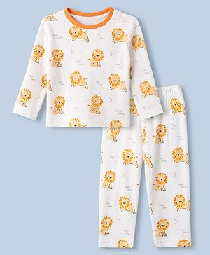 Babyhug Cotton Interlock Knit Rib Full Sleeves Co-ord T-Shirt & Pajama Night Suit with Lion Print - White