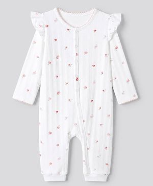 Bonfino 100% Cotton Elastane Knit Full Sleeves Floral Printed Romper - White