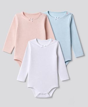 Bonfino 100% Cotton Knit Full Sleeves Solid Onesies With Bow Applique Pack of - White & Blue