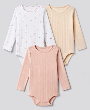 Bonfino 100% Cotton Knit Full Sleeves Floral Printed Onesies Pack of 3 - White & Pink