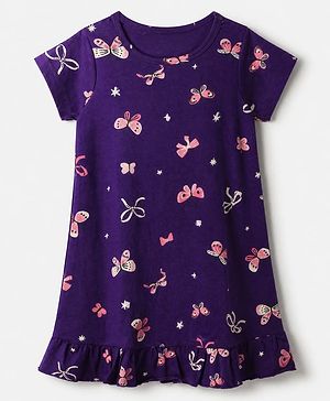Pine Kids 100% Cotton Knit Bio Washed Single Jersery 180 Gsm Half Sleeves Nighty with Bow & Butterfly Print - Violet