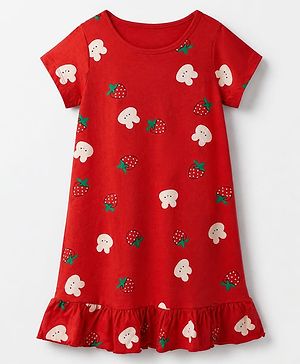 Pine Kids 100% Cotton Knit Half Sleeves Nighty With Strawberry Print - Red