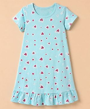 Pine Kids 100% Cotton Single Jersery 180 Gsm Knit Half Sleeves Nighty With Heart Print & Bio Finish - Blue