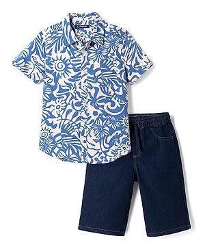 Pine Kids 100% Cotton Woven Half Sleeves Shirt and Denim Shorts with Floral and Sun Print - Blue