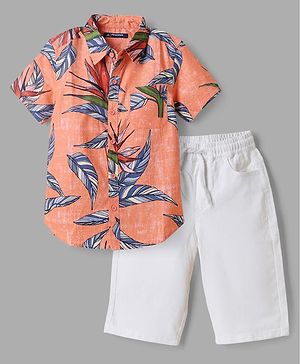 Pine Kids 100% Cotton Woven Half Sleeves Shirt and Shorts with Knee Length and Leaves Print in Orange