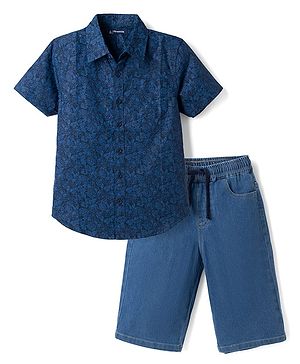 Pine Kids 100% Cotton Woven Half Sleeves Shirt and Denim Shorts with Roses Print - Navy Blue
