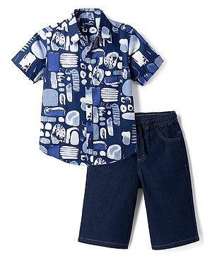 Pine Kids 100% Cotton Woven Half Sleeves Shirt and Denim Shorts with Abstract Print - Dark Blue