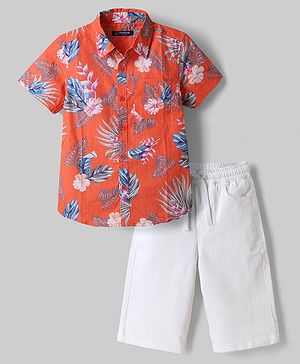 Pine Kids 100% Cotton Woven Half Sleeves Shirt & Shorts With Floral Print in Dark Orange