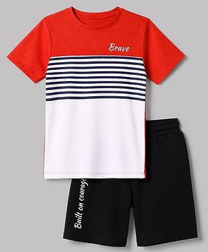 Pine Kids 100% Cotton Single Jersey Knit Half Sleeves T-Shirt and Shorts Set With Text Print - Red