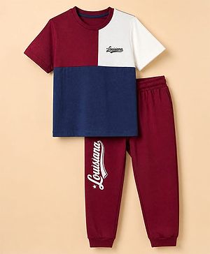 Pine Kids 100% Cotton Single Jersey Knit Half Sleeves T-Shirt and Jogger with Full Length and Louisiana Print in Navy Blue