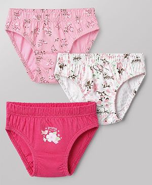 Babyhug 100% Cotton Single Jersey Knit Panties With Floral Print Pack of 3 - Pink and White