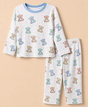 Babyhug Cotton Interlock Knit Rib Full Sleeves Co-ord T-Shirt & Pajama Night Suit with Bear & Stars Print - White