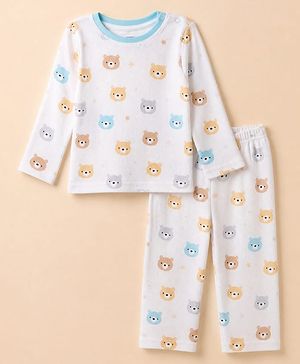 Babyhug Cotton Knit Full Sleeves Co-ord T-Shirt & Pajama Night Suit with Bear Print - White