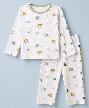 Babyhug Cotton Interlock Knit Rib Full Sleeves Co-ord T-Shirt & Pajama Night Suit with Wild Animal Print - Light Grey