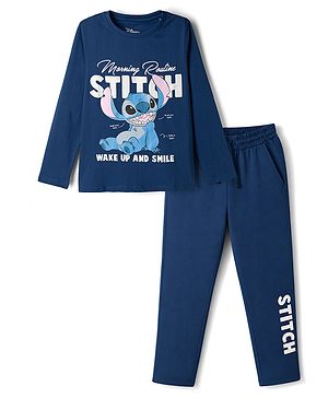 Pine Kids Disney Knit Full Sleeves T-Shirt & Pyjama Night Suit With Stitch Graphic - Navy Blue