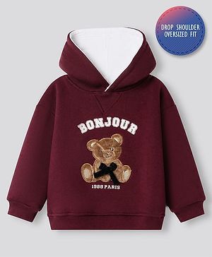 Bonfino Cotton Mix Knit Full Sleeves Drop Shoulder Hoodies with Full Sleeves and Bear Applique - Brown