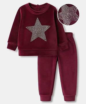 Babyhug Velour Knit Full Sleeves Top and Jogger Winter Set with Star Foil Print - Wine