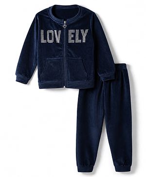 Babyhug Velour Knit Full Sleeves Lovely Foil Printed Front Open Winter Wear Suit - Navy Blue