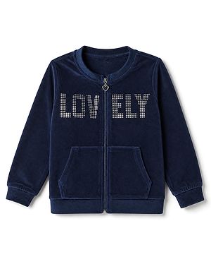 Babyhug Velour Knit Full Sleeves Lovely Foil Printed Front Open Winter Wear Suit - Navy Blue