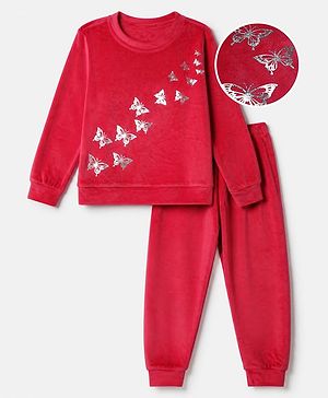 Babyhug Velour Knit Full Sleeves Top and Jogger Winter Set with Butterfly Foil Print - Dark Pink