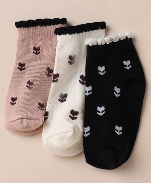 Cute Walk by Babyhug Cotton Knit Anti Bacterial Ankle Length Socks with Floral Print Pack of 3 - White, Black & Pink