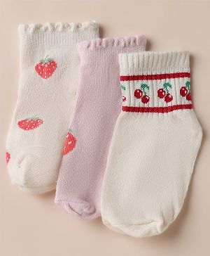Cute Walk by Babyhug Cotton Knit Anti Bacterial Ankle Length Socks with Strawberry & Cherry Design Pack of 3 - White, Pink & Off White