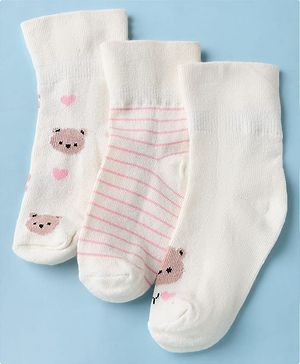 Cute Walk by Babyhug Cotton Knit Anti-bacterial Ankle Length Socks With Bear Design Pack of 3 - White Pink