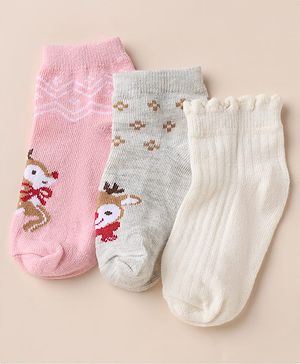 Cute Walk by Babyhug Anti-bacterial Ankle Length Socks With Animal Design Pack of 3 - Pink White Grey