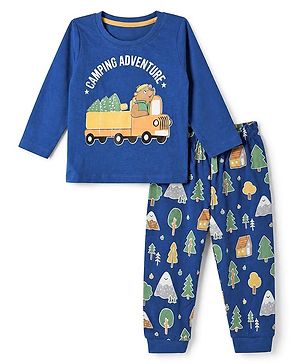 Babyhug 100% Cotton Knit Full Sleeves T-Shirt & Pyjama Night Suit with Bear & Truck Print - Blue