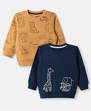 Babyhug 100% Cotton Terry Knit Sweatshirts with Full Sleeves and Animal Print Pack of 2 - Navy Blue Mustard