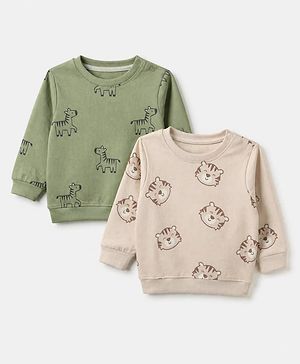 Babyhug 100% Cotton Terry Knit Sweatshirts with Full Sleeves and Animal Print in Green & Beige Pack of 2
