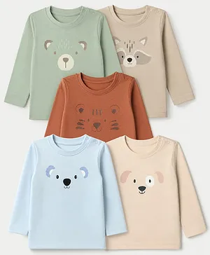 Babyhug 100% Cotton Knit Full Sleeves T-Shirts with Bear Raccoon Tiger Koala Puppy Print Pack of 5 - Light Blue Beige Cream Light Green Brown