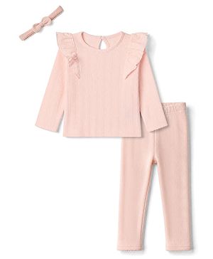 Bonfino 100% Cotton Elastane Knit Full Sleeves T-Shirt & Leggings Set With Headband - Light Pink