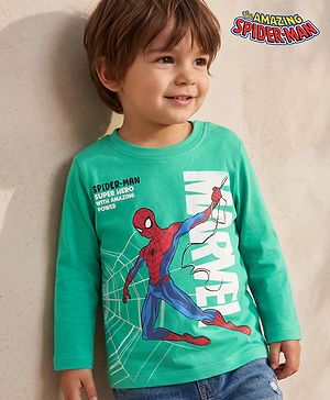 Babyhug Marvel 100% Cotton Knit T-Shirt with Full Sleeves and Spider-Man Print in Mint