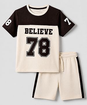 Pine Kids 100% Cotton Single Jersey Knit Half Sleeves T-Shirt and Shorts Set Text Print - Cream